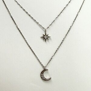 925 Sterling Silver Layered Celestial Moon and North Starburst Necklace CZ